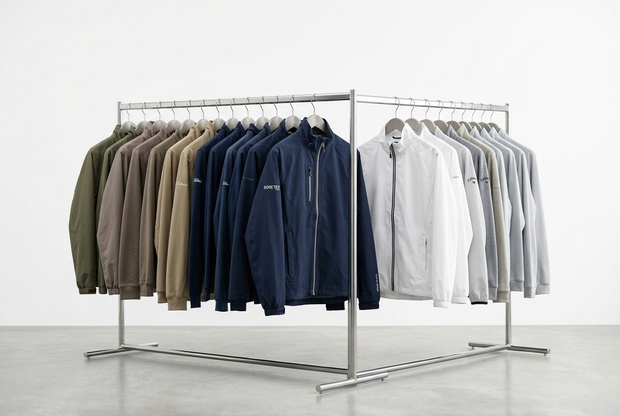 Men's golf jackets laid flat — waterproof, wind-resistant, and hybrid performance styles
