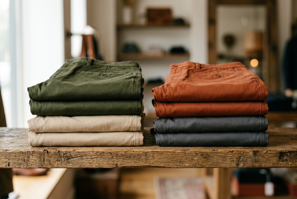 Men's golf pants laid out showing range of styles from Lululemon, Peter Millar, Bonobos, and TravisMathew