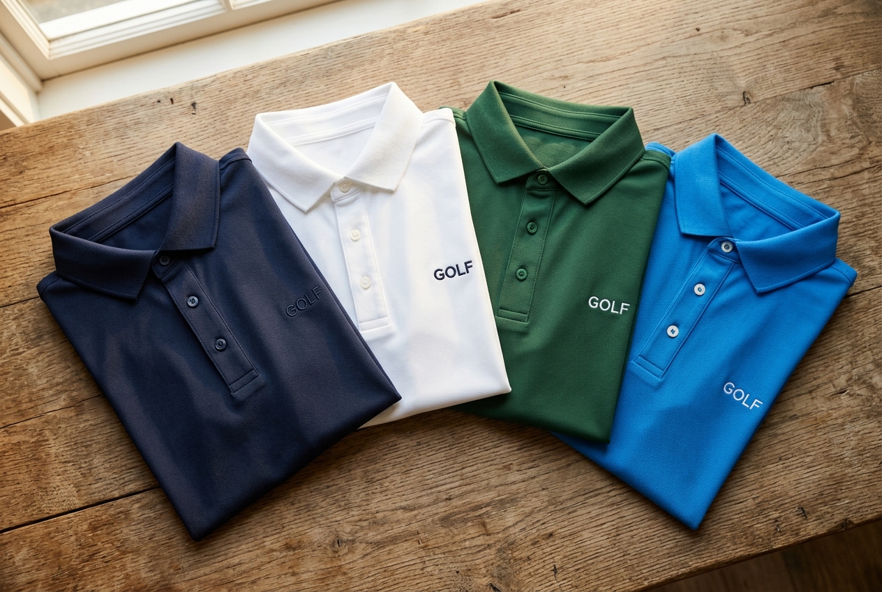 A selection of the best men's golf polos from TravisMathew, Peter Millar, Nike, and Lululemon laid flat on a light surface