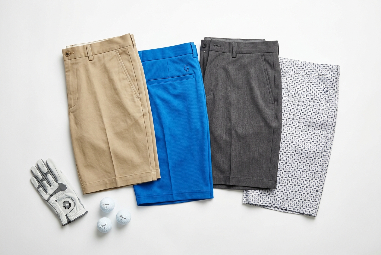 Men's golf shorts from Lululemon, Peter Millar, TravisMathew, and Vuori arranged to show range of inseam lengths and styles