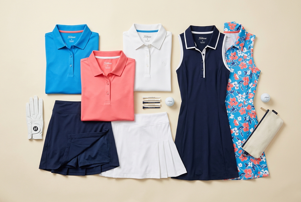Best women's golf clothing brands for 2026 — polos, skorts, and outerwear displayed on a clean background
