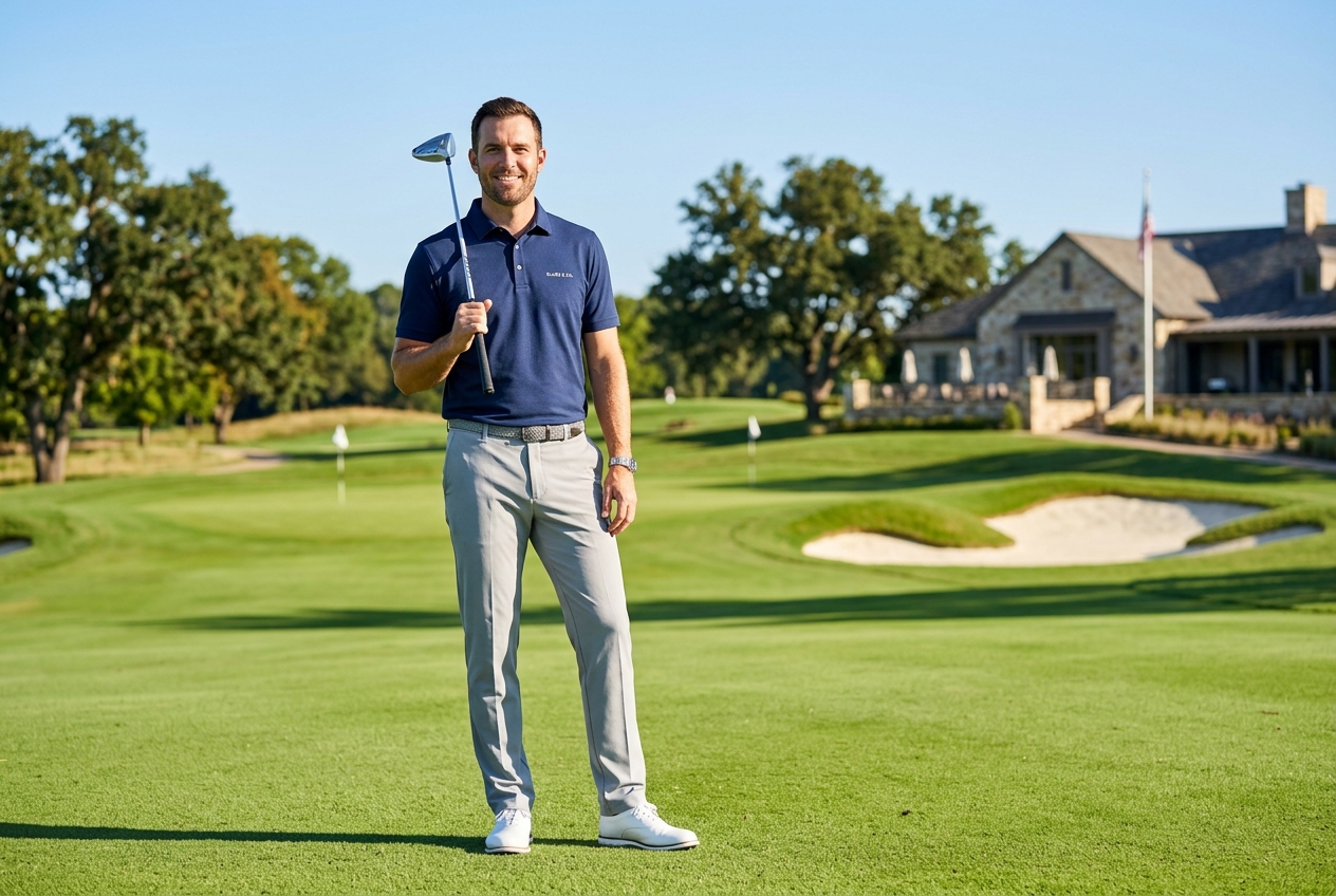 Men's big and tall golf clothing — polos, trousers, and shoes in extended sizing arranged on a clean surface