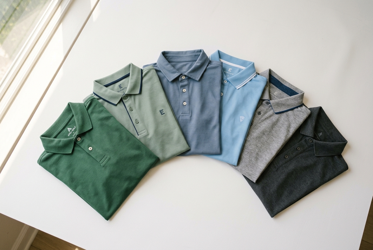 A selection of men's golf polos at budget price points — Nike, Puma, and Adidas in clean neutral colors