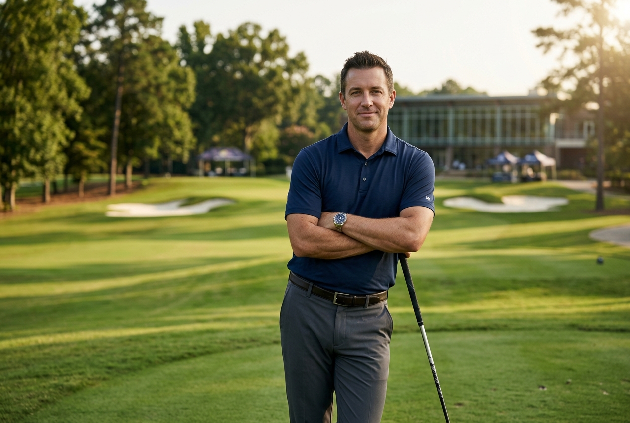A well-dressed golfer in navy polo and tailored trousers on a private club course
