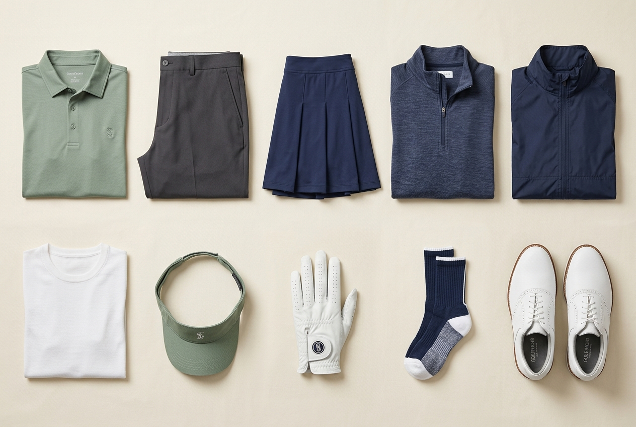 A curated set of golf clothing pieces laid flat — polos, trousers, shoes, and a hat arranged neatly
