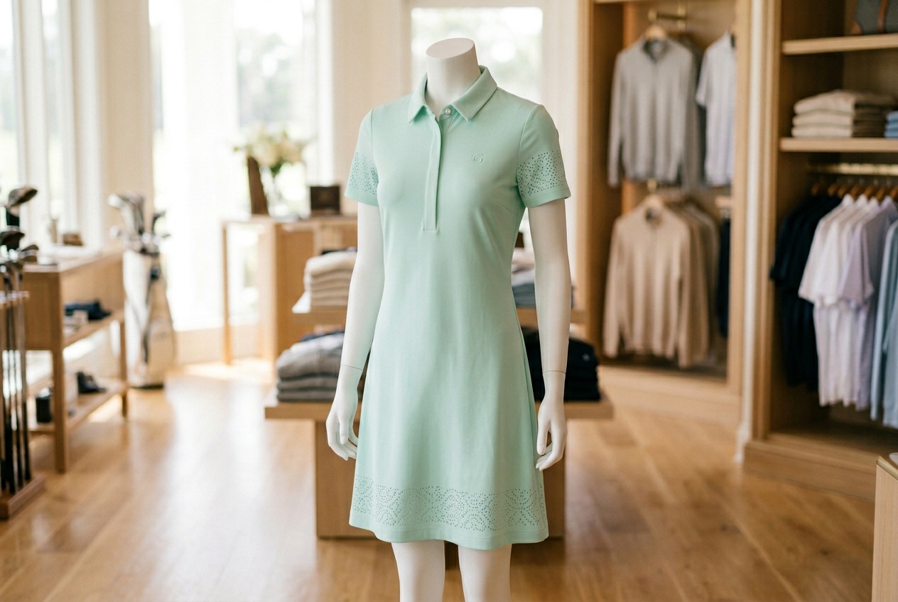 A selection of women's golf dresses in different styles — polo dress, wrap, A-line — laid flat in coordinated colors