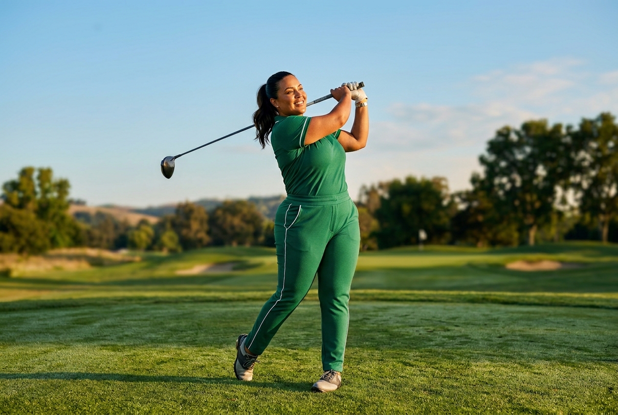 Plus size women's golf clothing — polos, skorts, and performance trousers in inclusive sizing arranged on a light background
